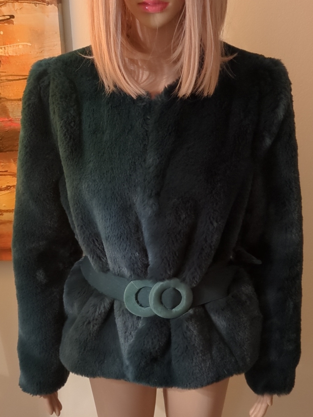 Highline Collecting Forest Green Faux Fur Teddy Jacket with Double-Ring Belt.